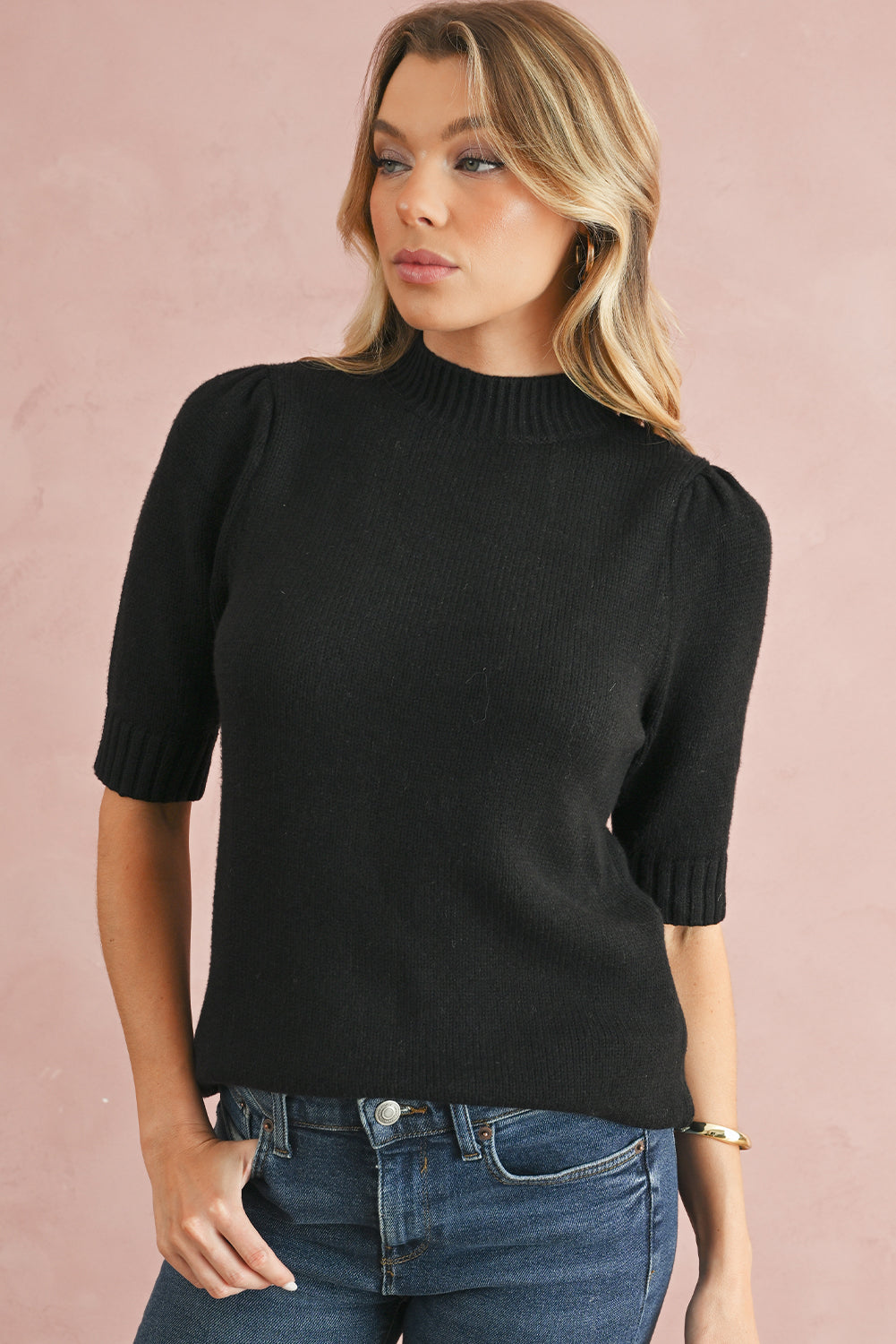 Black Knotted Keyhole Nape Short Sleeve Knit Top