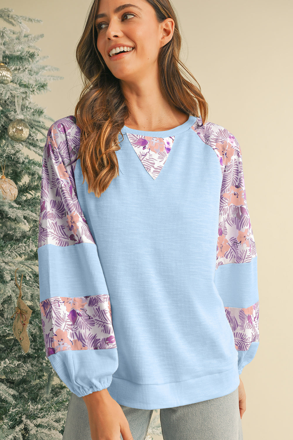 Crinkle Rib Floral Patchwork Balloon Sleeve Top