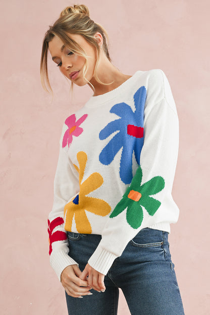 Colorful Flower Pattern Crewneck Knitted Sweater