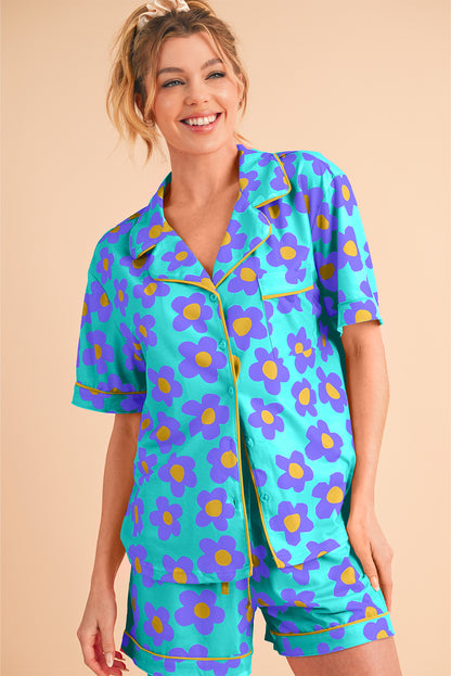 Flower Print Buttoned Shirt and Drawstring Waist Pajama Set