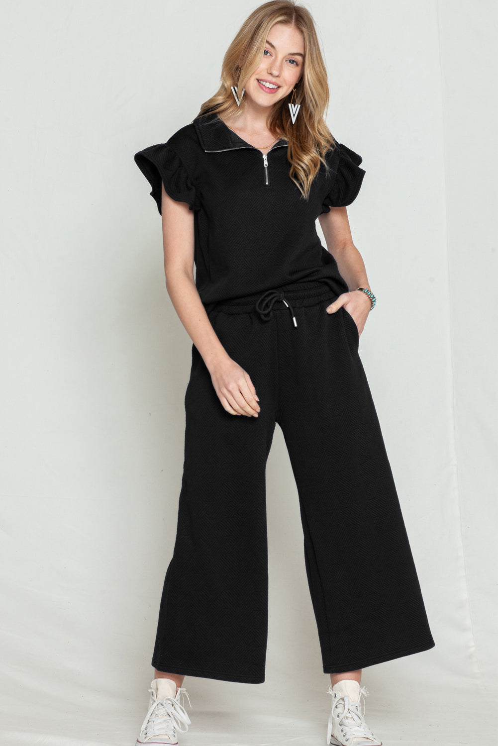 Textured Ruffle Cap Sleeve Top and Wide Leg Pants Set