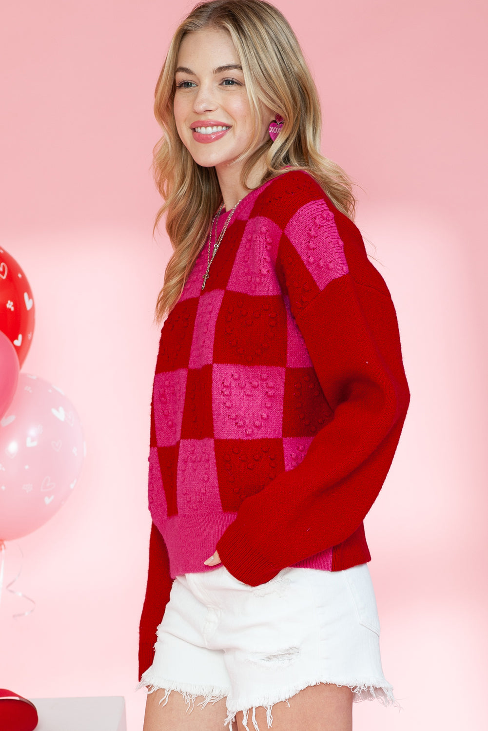 Checkered Pattern Pompom Heart Knitted Sweater