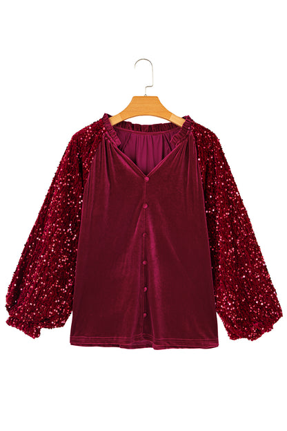 Velvet Sequin Patchwork Sleeve Button Up Blouse