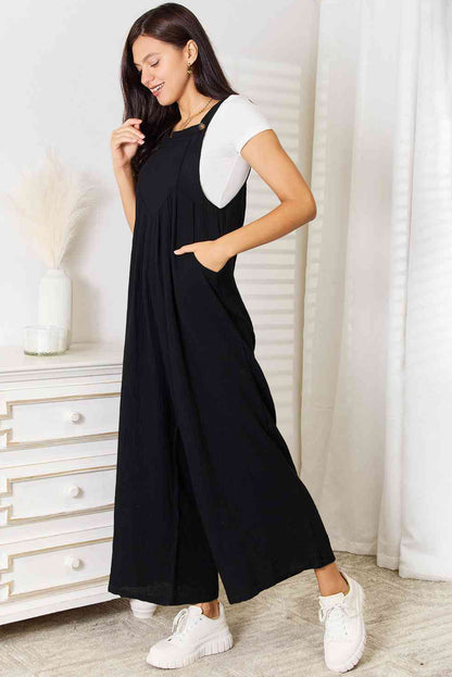 Black Buttoned Straps Crinkle Wide Leg Pocketed Overalls