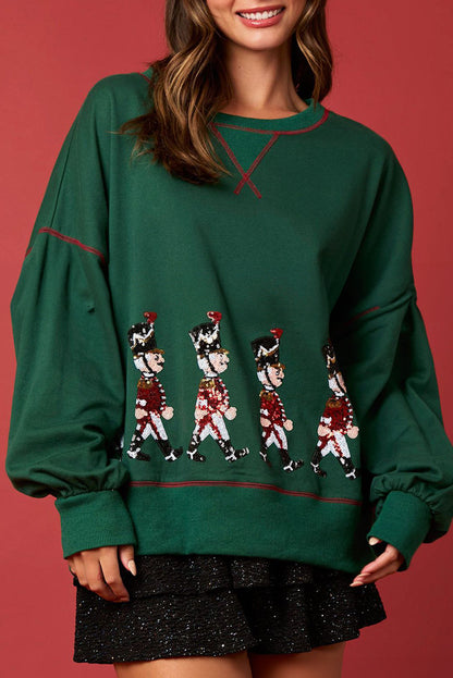 Blackish Green Nutcracker Sequin Round Neck Sweatshirt