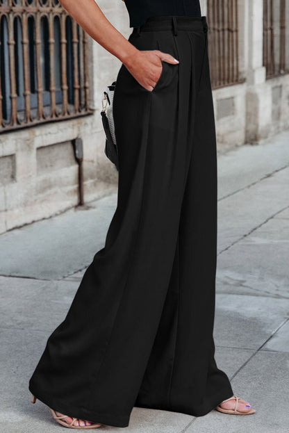 Black Plain Pleated Pocket High Waist Wide Leg Pants