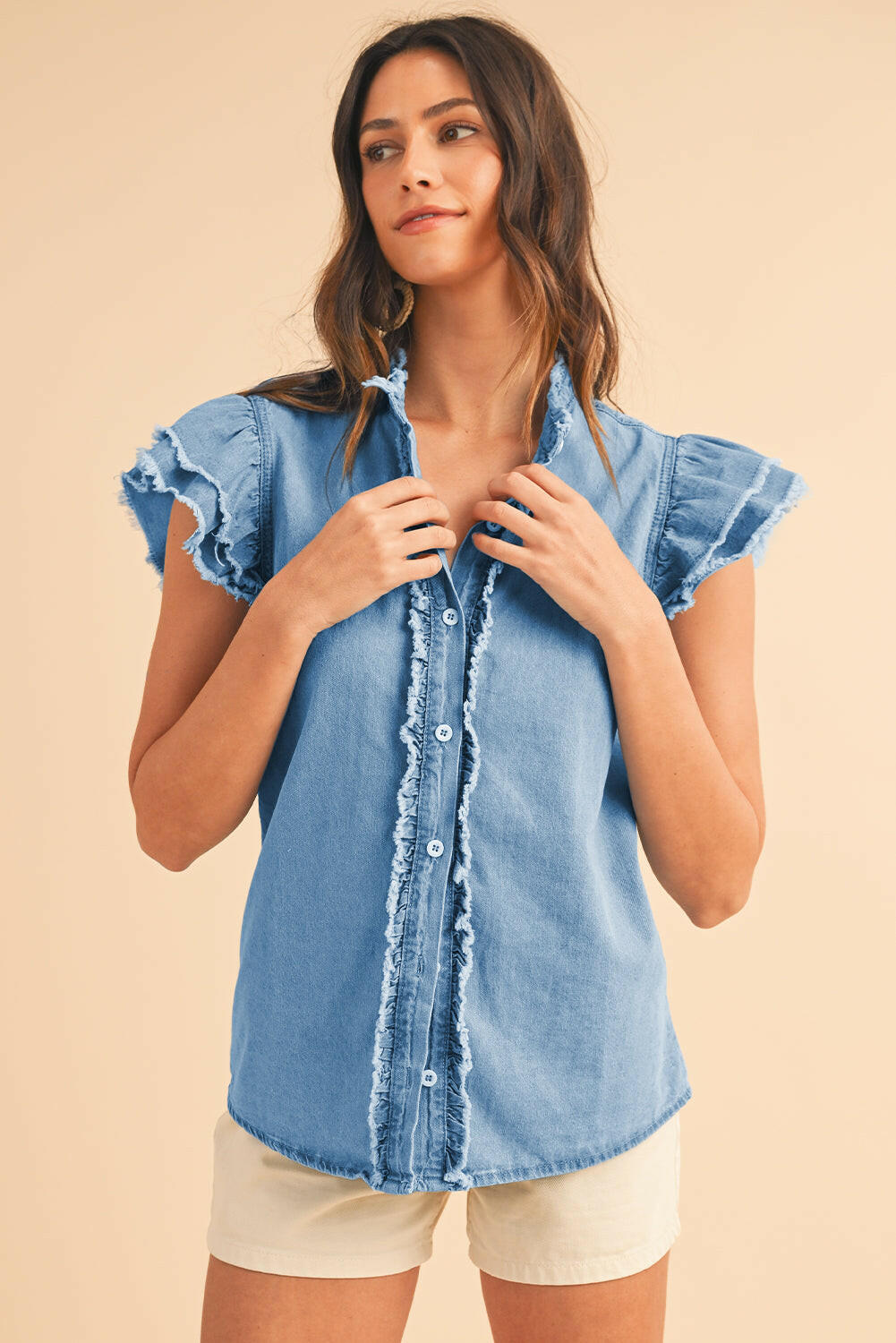 Beau Blue Button Front Ruffled Flutter Frayed Denim Top.