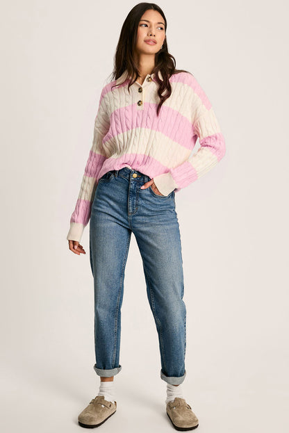 Pink Colorblock Button Collar Twisted Cable Knit Sweater