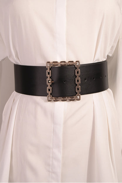 Black Square Buckle Faux Leather Belt