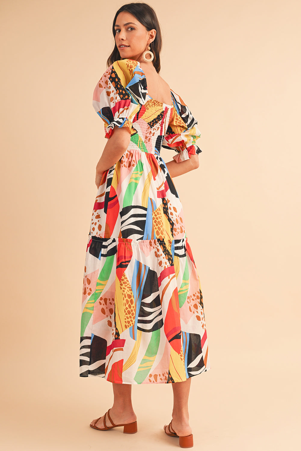 Square Neck Smocked Abstract Print Boho Maxi Dress