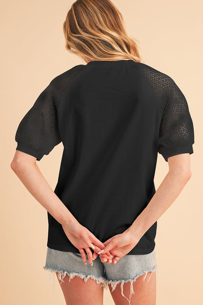 Black Pointelle Lace Sleeve Loose Round Neck Tee