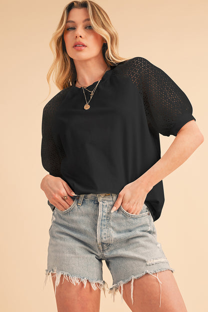 Black Pointelle Lace Sleeve Loose Round Neck Tee