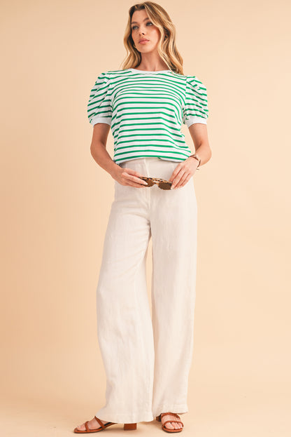 Green Stripe Puff Short Sleeve Contrast Trim T Shirt