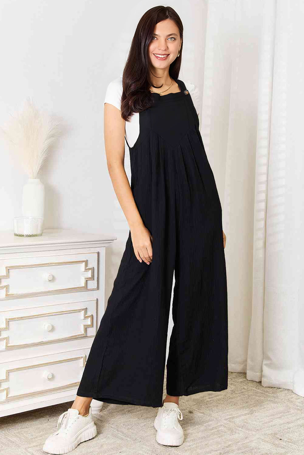 Black Buttoned Straps Crinkle Wide Leg Pocketed Overalls