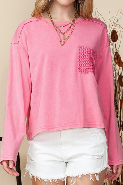 Pink Lace Patch Pocket Long Sleeve Shirt