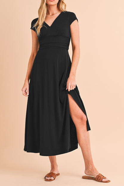 Deep V Neck Ruched High Waist Midi Dress