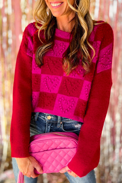 Checkered Pattern Pompom Heart Knitted Sweater