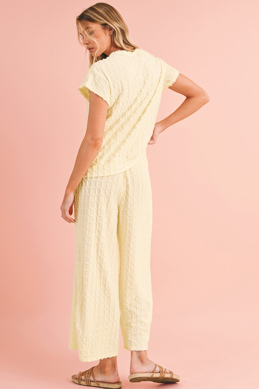 Apricot Lattice Textured Tee and Wide Leg Pants Two-Piece Set