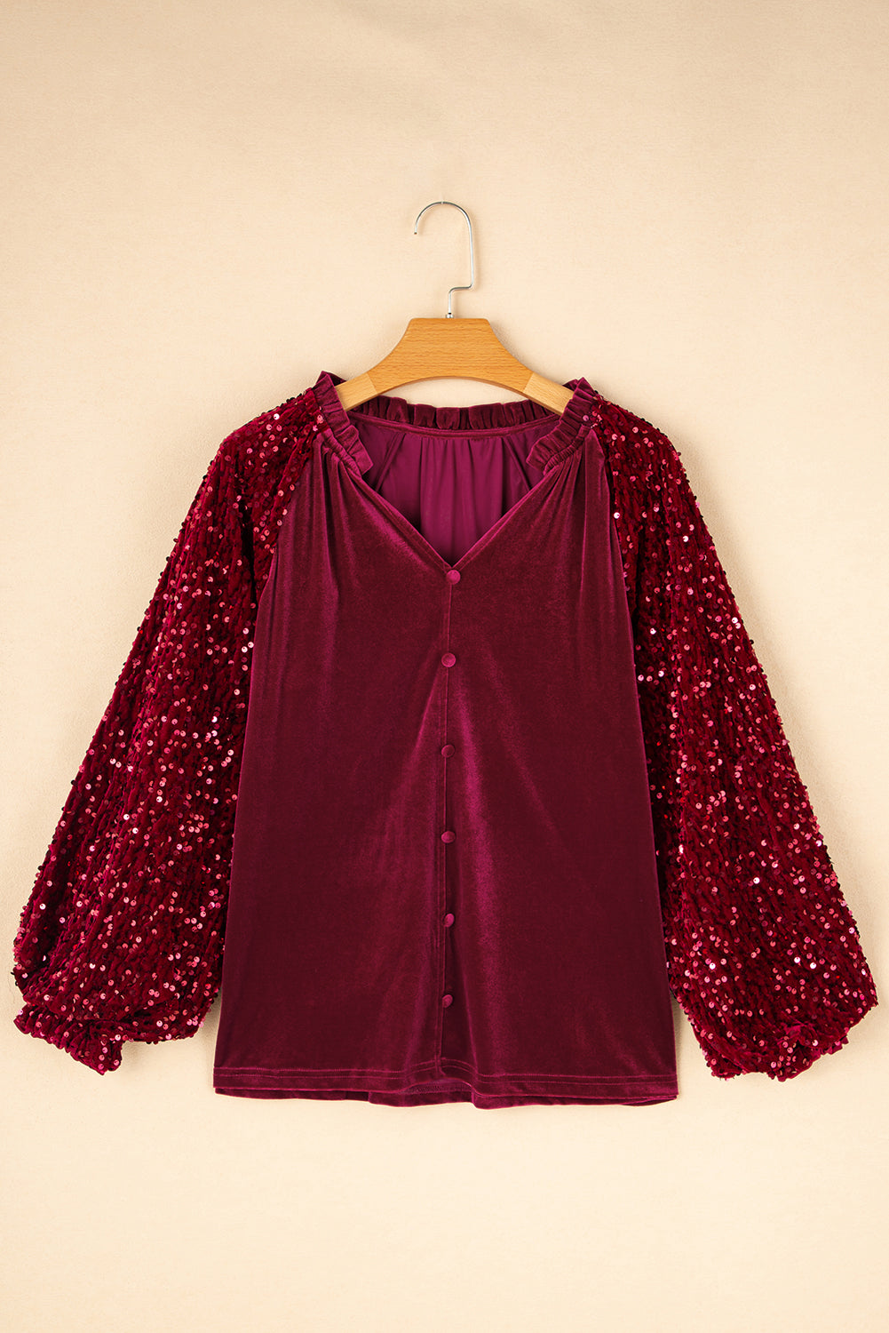 Velvet Sequin Patchwork Sleeve Button Up Blouse