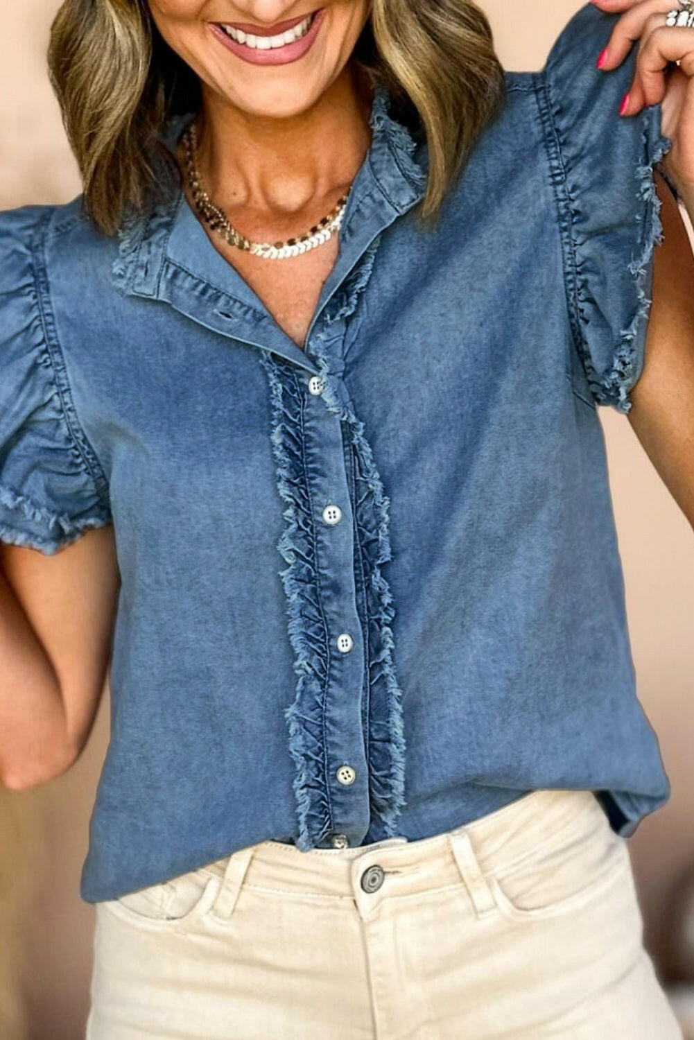 Beau Blue Button Front Ruffled Flutter Frayed Denim Top.