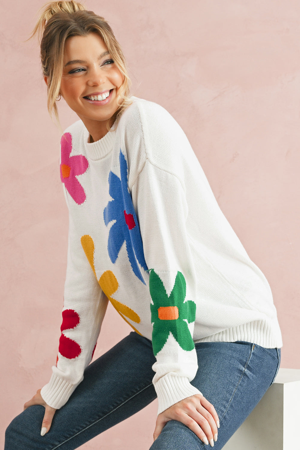 Colorful Flower Pattern Crewneck Knitted Sweater