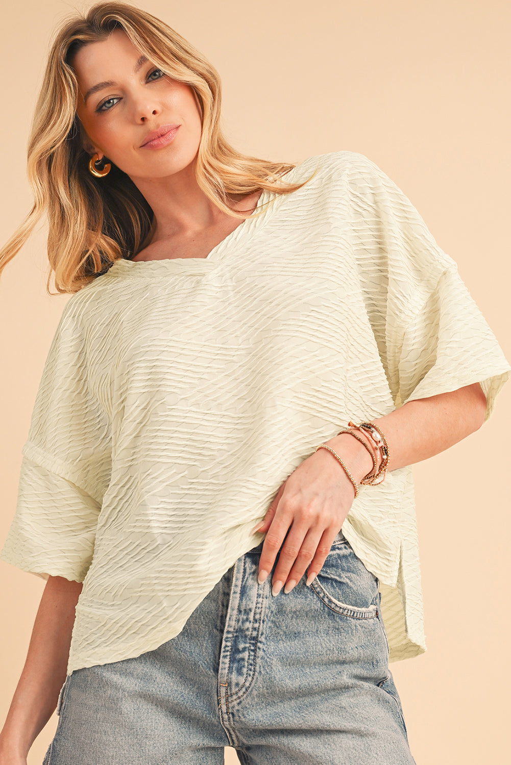 Beige Textured V Neck Split Hem T Shirt