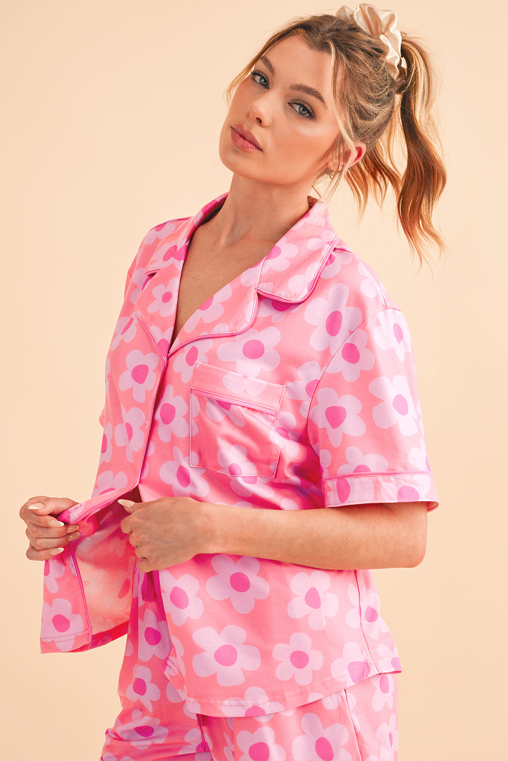 Flower Print Buttoned Shirt and Drawstring Waist Pajama Set