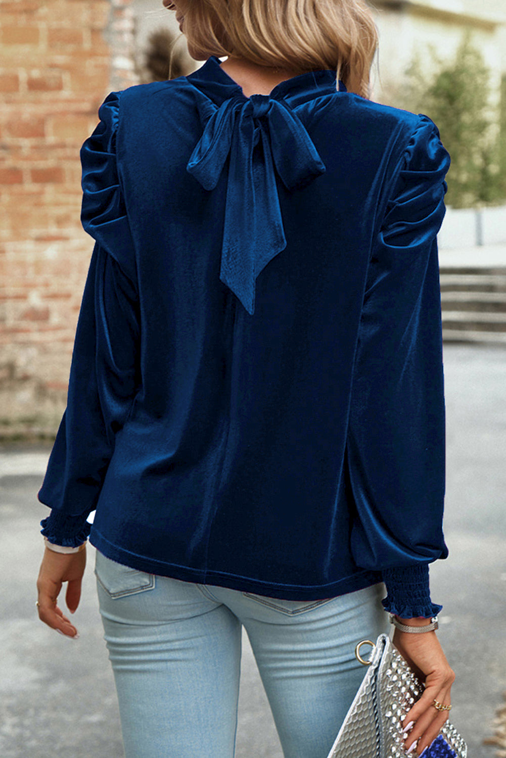 Keyhole Neck Puff Sleeve Velvet Blouse