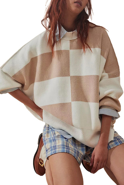 Checkered Side Slits Drop Shoulder Oversized Sweater