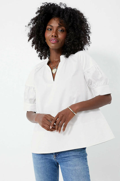 White Solid Color Ruched Bubble Sleeve V Neck Shirt.