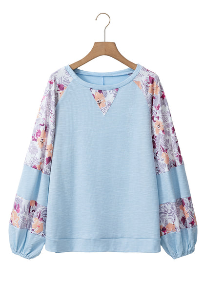 Crinkle Rib Floral Patchwork Balloon Sleeve Top