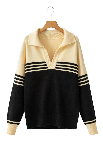 Black Colorblock Stripe Collared V Neck Sweater