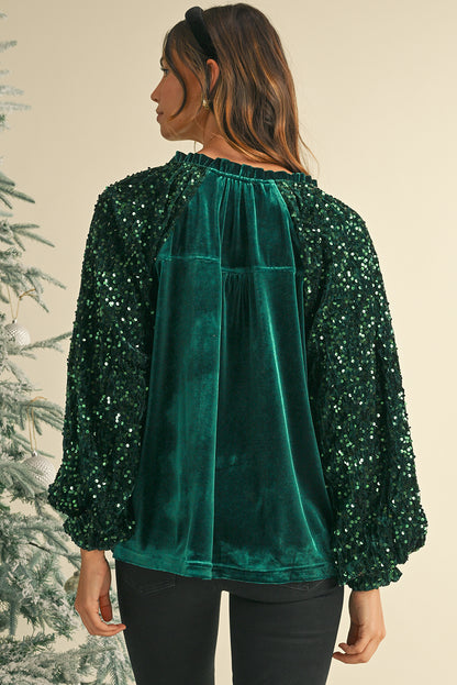 Velvet Sequin Patchwork Sleeve Button Up Blouse