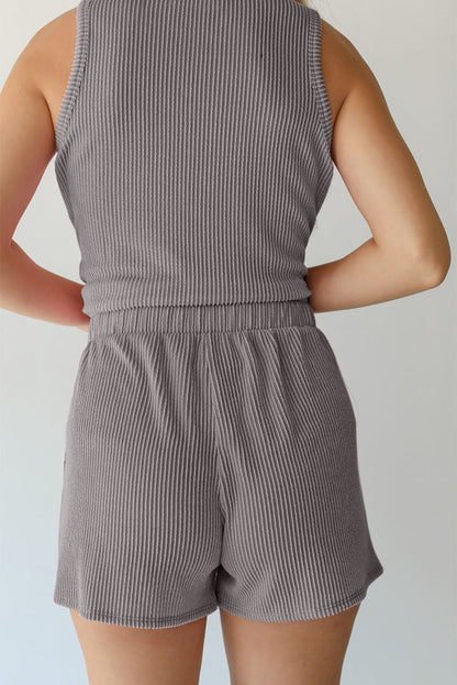 Smoke Gray Corded Tank Top and Pocketed Shorts Set