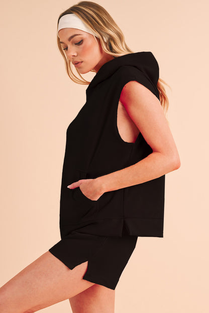 Solid Color Sleeveless Hoodie and Shorts Set