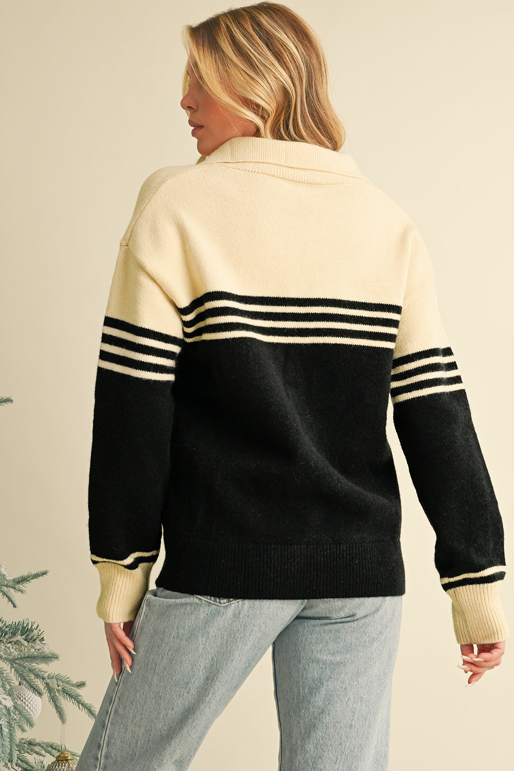 Black Colorblock Stripe Collared V Neck Sweater