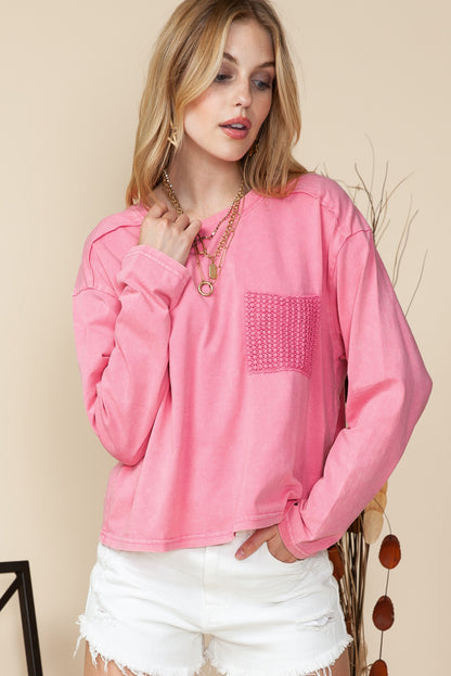 Pink Lace Patch Pocket Long Sleeve Shirt