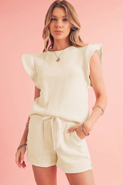 Textured Ruffle Sleeve Tee and Drawstring Shorts Set