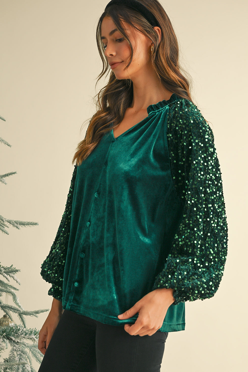 Velvet Sequin Patchwork Sleeve Button Up Blouse