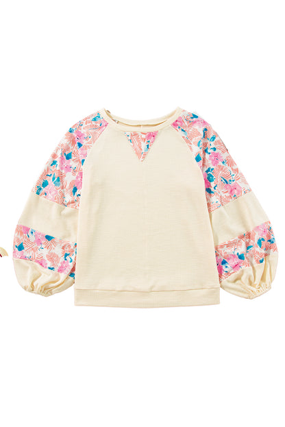 Crinkle Rib Floral Patchwork Balloon Sleeve Top