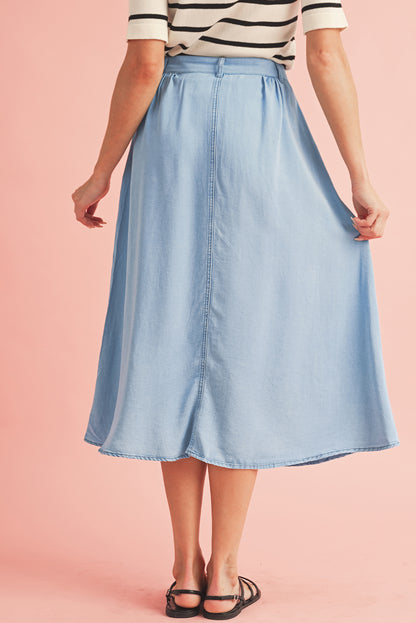 Mist Blue Fully Buttoned Long Denim Skirt