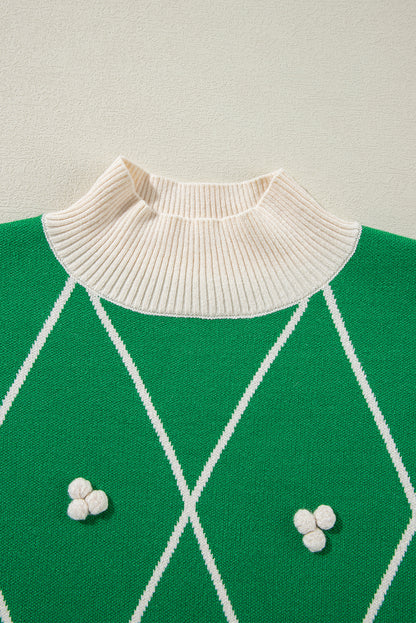 Diamond Pom Pattern Contrast Trim High Neck Sweater