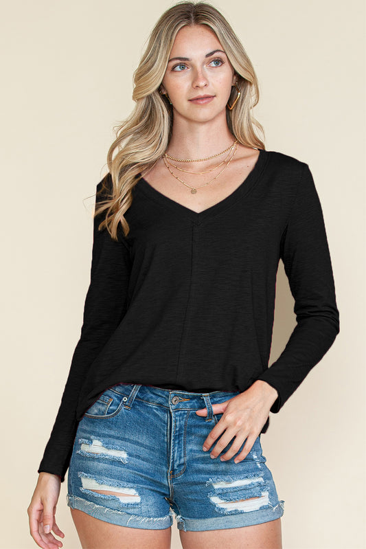 V Neck Center Seam Long Sleeve Top