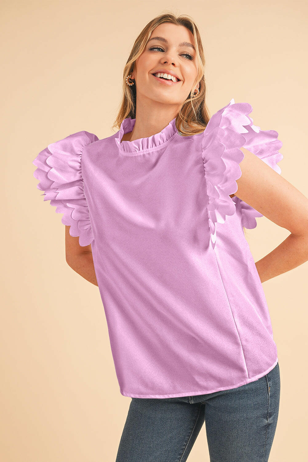 White Solid Color Scalloped Ruffle Sleeve Blouse.