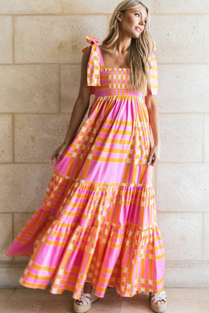 Pink Tie Strap Plaid & Striped Smocked Maxi Dress