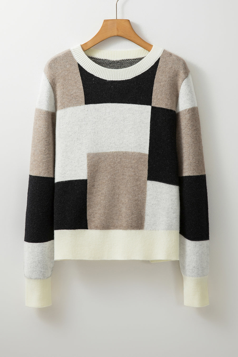 Black Checkered Colorblock Round Neck Knit Sweater