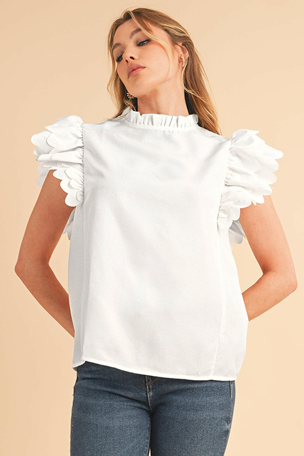 White Solid Color Scalloped Ruffle Sleeve Blouse.