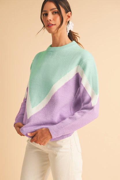 Green Chevron Colorblock Ribbed Knit Drop Shoulder Sweater