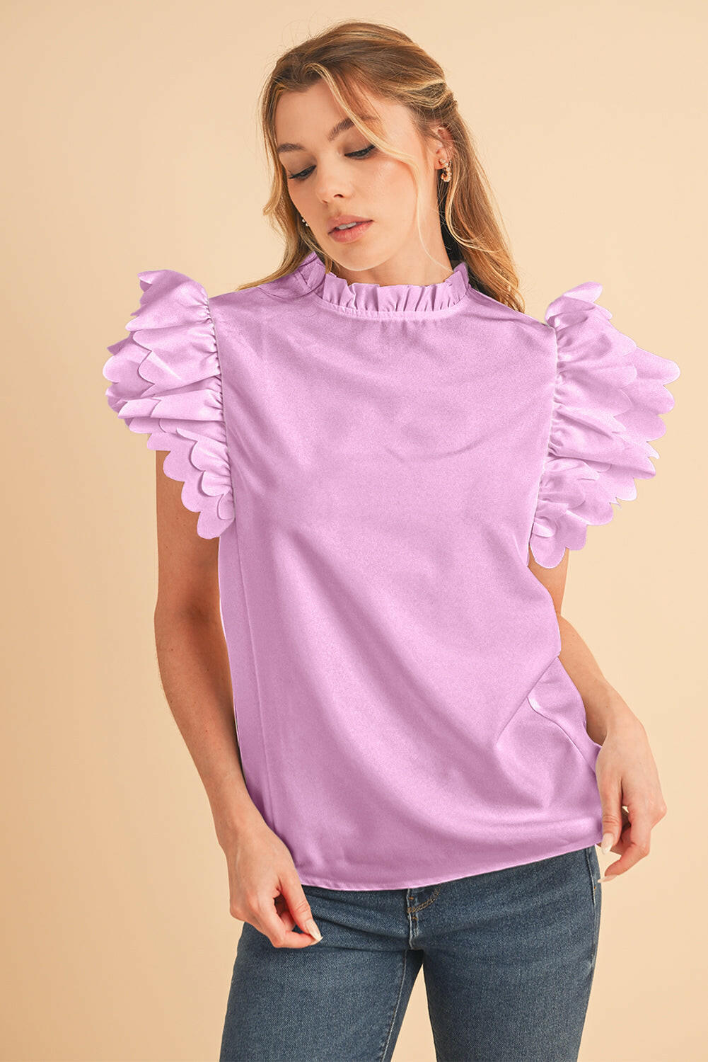 White Solid Color Scalloped Ruffle Sleeve Blouse.