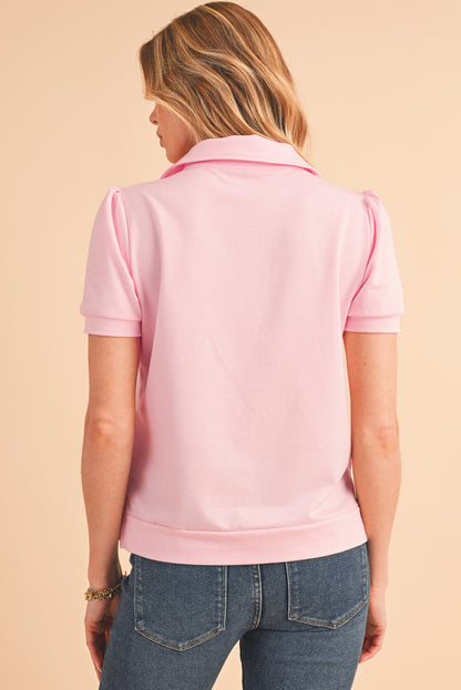 Pink Collared V Neck Slit Side Puff Sleeve T Shirt